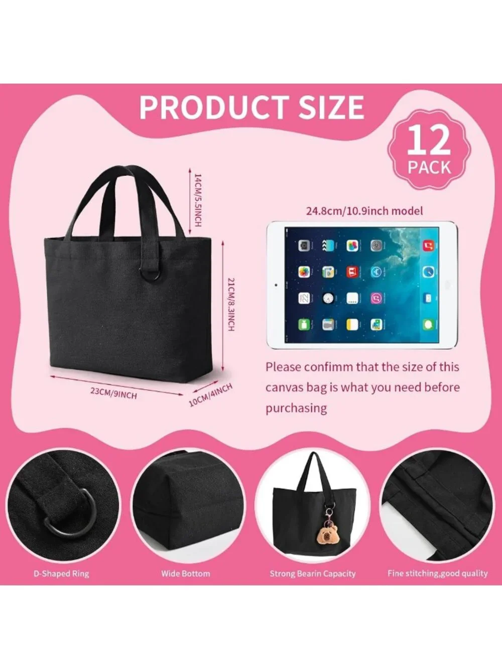 12 Pack Mini Canvas Tote Bags - Reusable Cute DIY Blank Bags for Women